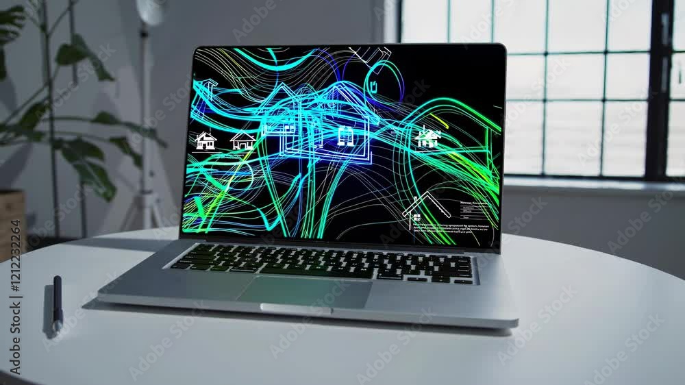 Poster exploring technology and design in a modern workspace with creative digital elements displayed on a 