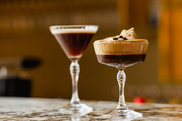 Coffee drinks. Amazing special cocktails made of different types of alcohol drinks and coffee like espresso, capuccino or americano. Coffee cocktail.