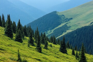 Mountain slope, evergreen trees, summer, scenic view, background hills, nature travel poster