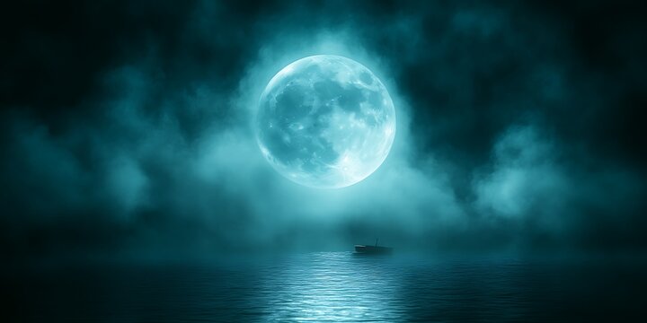 Full moon over misty sea with a small boat.