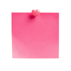 Pink sticky note with a heart shaped push pin isolated on a transparent background; PNG