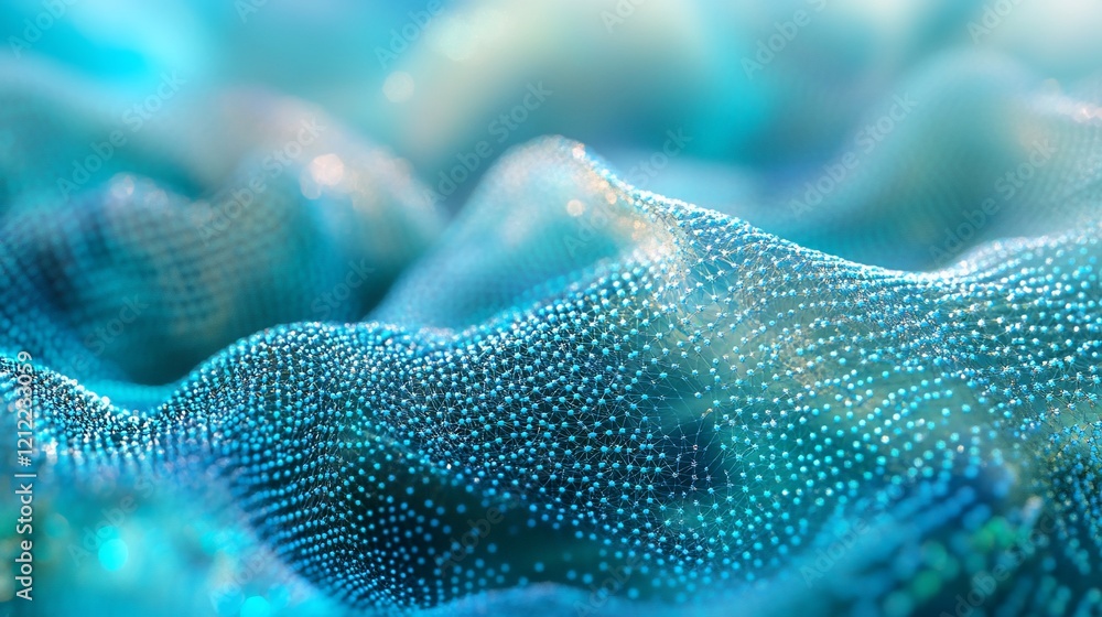 Poster abstract blue wavy surface with glowing particles. (1)