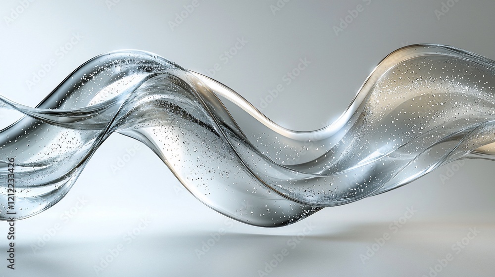 Poster abstract flowing translucent wave with silver particles.