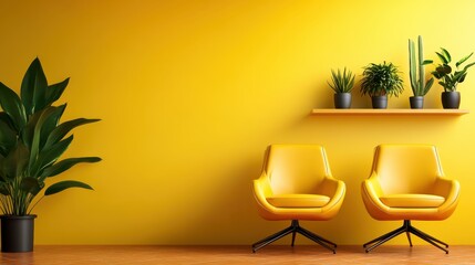 A striking arrangement of two modern yellow chairs, vibrant green plants, and a bright yellow wall...