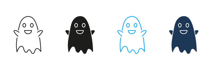 Obraz premium Friendly Ghost Line and Silhouette Icon Set. Playful Smiling Spirit Symbol. Editable Stroke. Isolated Vector Illustration