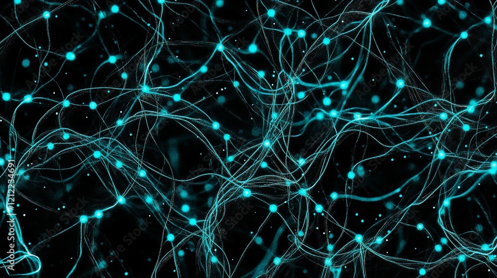 Aufkleber abstract background with glowing cyan lines and dots on black.