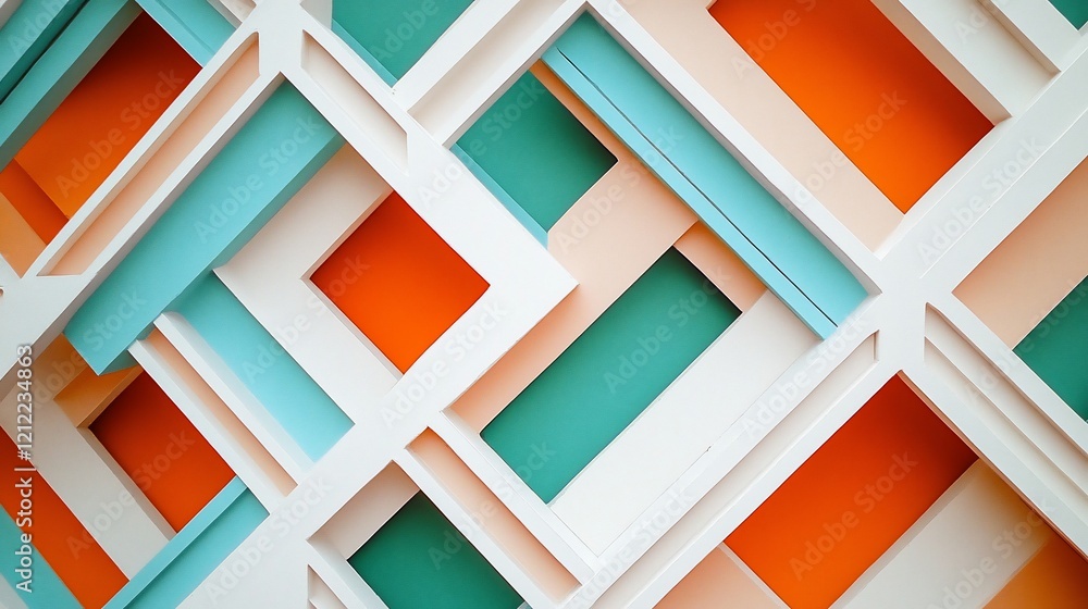 Poster Abstract geometric pattern with teal, orange, and peach colors in a grid-like structure.