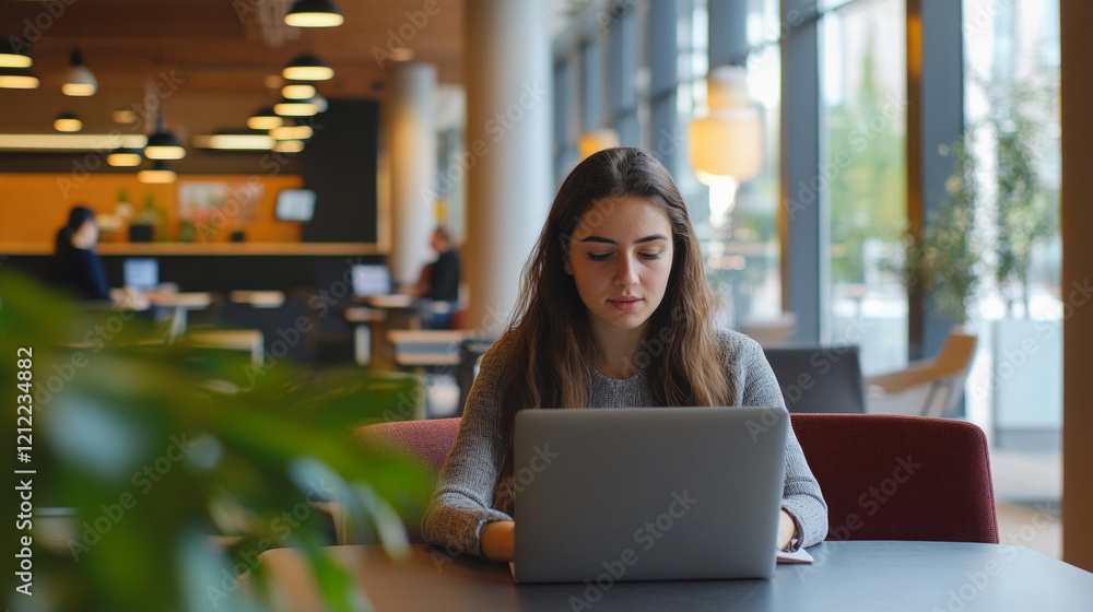 Poster coding on a laptop in a modern office environment during daylight hours