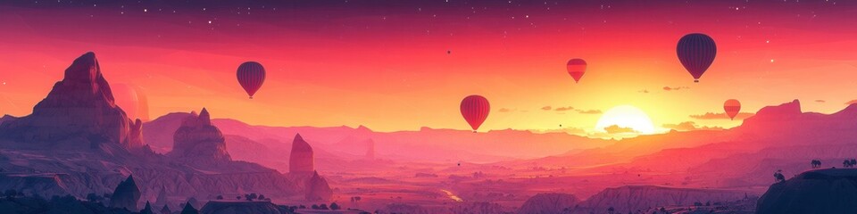 Fototapeta premium Cappadocia at Dusk, vibrant hot air balloons soaring above unique rock formations, warm golden hues illuminating the enchanting landscape