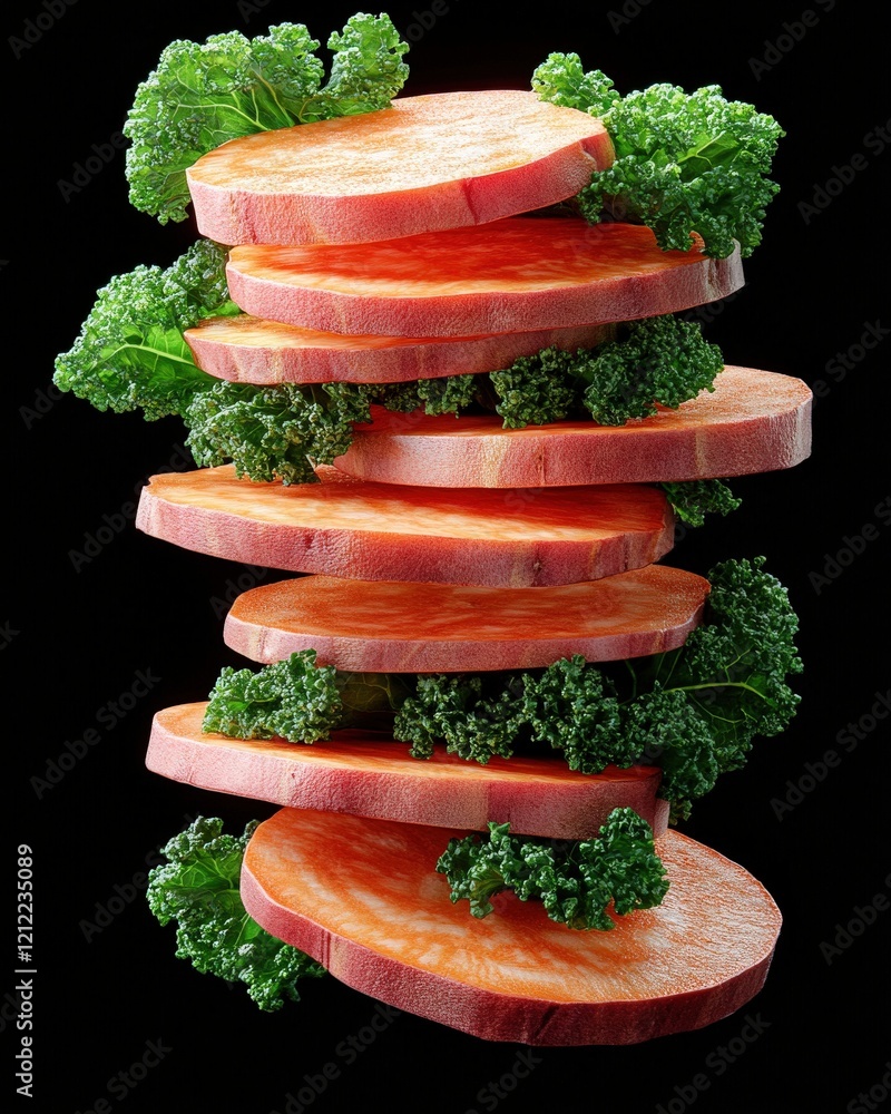 Poster vibrant stack of sweet potato slices layered with fresh kale, creating a visually appealing and heal