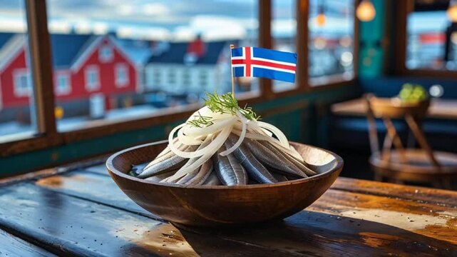delicious Sild pickled herring with onions on a plate, traditional food Iceland

