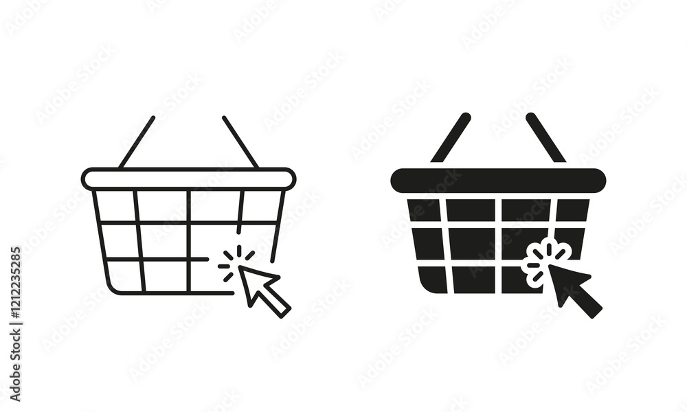 Poster e commerce line and silhouette icon set. basket with click pointer sign. online supermarket, interne