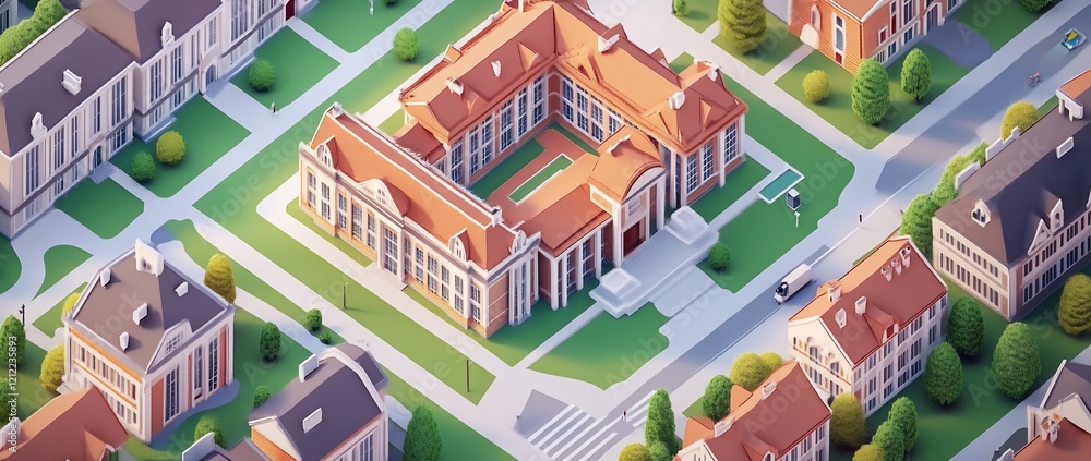 Poster aerial view of a university campus with low-poly buildings and green spaces.