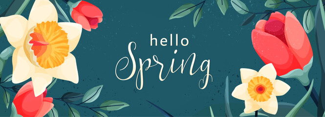 Spring banner vector illustration. Cute tulip and daffodil flowers, leaves, textures, text for floral spring design, easter, birthday, mothers day. Isolated on dark background.