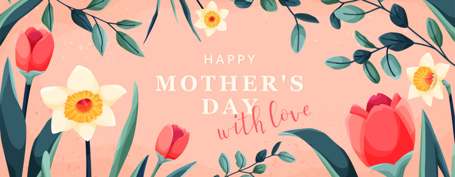 Mothers day banner background, vector illustration. Cute tulip and daffodil flowers, leaves, textures, greeting text for floral spring design, mom day pattern. With love