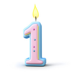 Number 1 one birthday burning candle isolated on white background