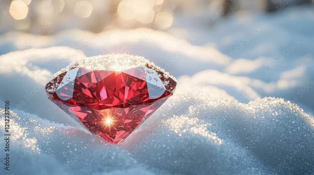 Aufkleber sparkling red gem in fresh snow under gentle sunlight with soft bokeh background
