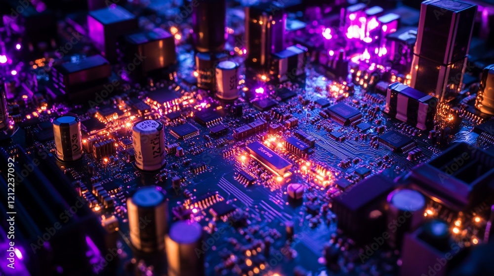 Poster Close-up of illuminated circuit board components, showcasing intricate design and vibrant colors.