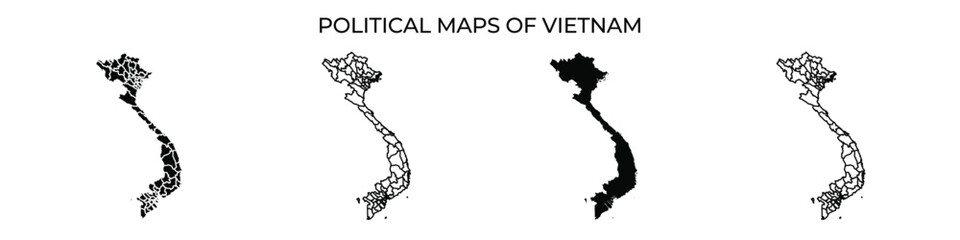 Four different representations of Vietnams political maps are showcased, highlighting the countrys divisions. Each map varies in color and detail, illustrating geographical information effectively.