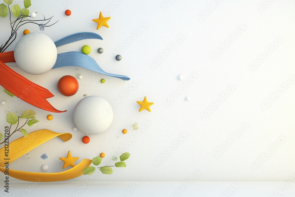 Poster colorful abstract art with shapes and ribbons on a plain background for creative design projects