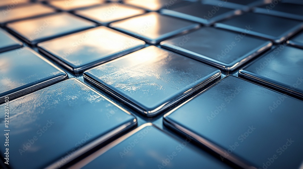 Poster abstract metallic grid of shiny squares reflecting light.