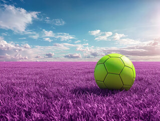 Fototapeta premium Vibrant purple field showcases a glossy neon green soccer ball in a sporty and cinematic composition during daylight hours