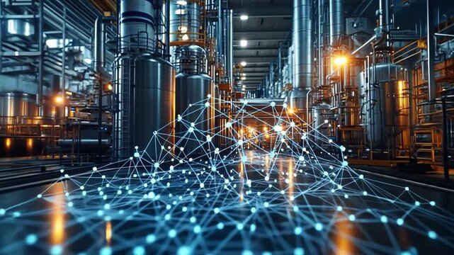 Industrial Automation: A network of interconnected nodes representing data flow and automation within a bustling industrial setting.