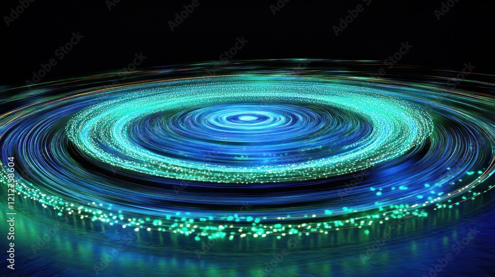 Poster abstract swirling circular patterns with luminous blue and green lines and dots