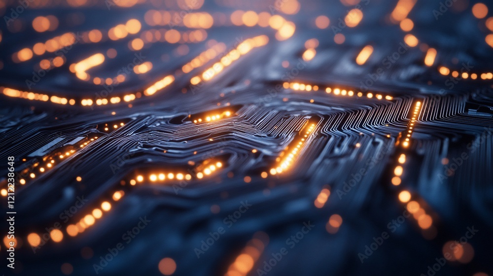 Poster Abstract close-up of illuminated circuit board, showcasing intricate pathways and glowing nodes. (1)