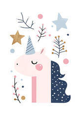 Fototapeta premium Cute cartoon unicorn flat illustration