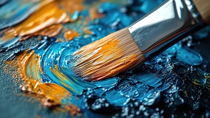 Fototapeta premium Close-up view of a painter's brush mid-stroke blending vibrant orange and blue hues on a textured canvas in a lively studio setting
