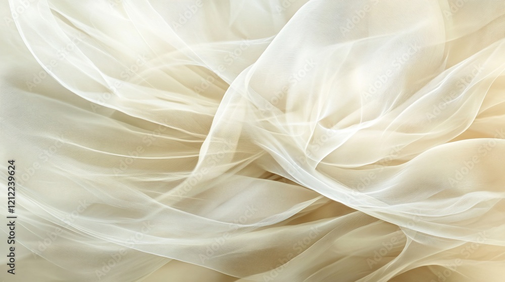 Poster draped sheer ivory fabric with soft folds and light texture.