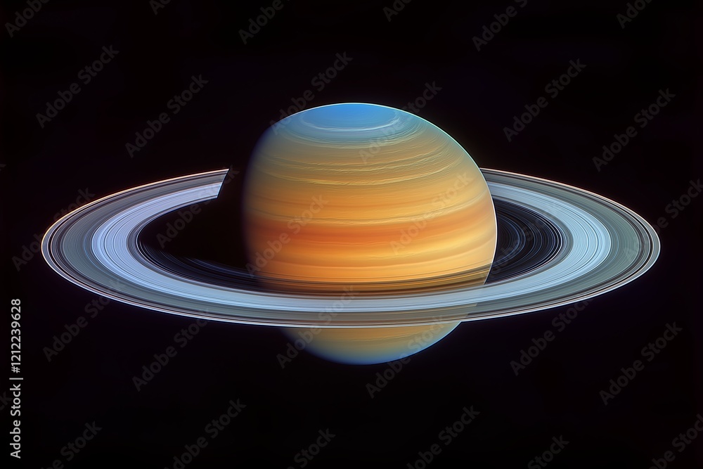Poster a planet with a beautiful ring system.
