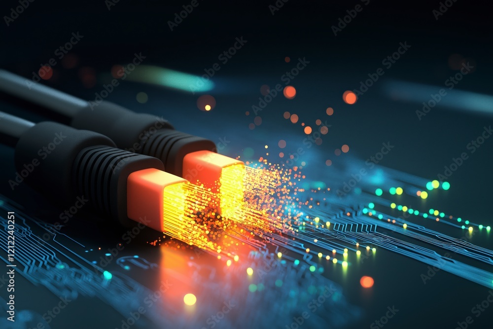 Poster digital connection with glowing fiber optic cables on circuit board background in technological desi