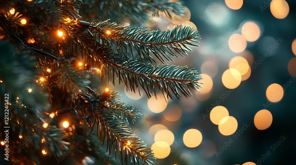 Leinwandbilder close-up of illuminated pine tree branches with bokeh lights.