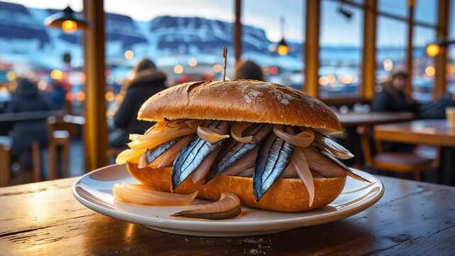 delicious bread with Sild pickled herring with onions on a plate, traditional food Iceland

