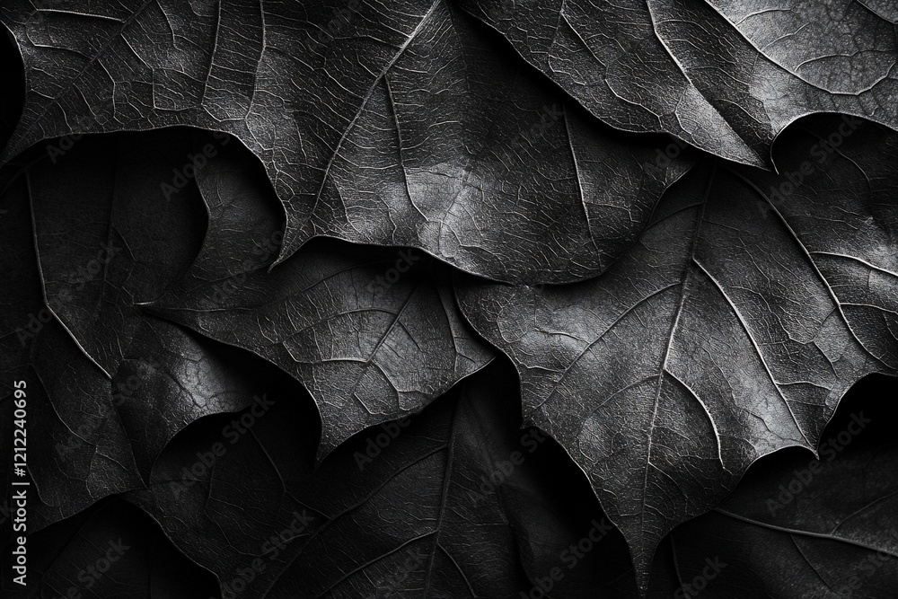 Fototapete close-up of dark, overlapping maple leaves, creating a textured background.