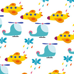 Seamless pattern with cute planes and helicopters perfect for wrapping paper