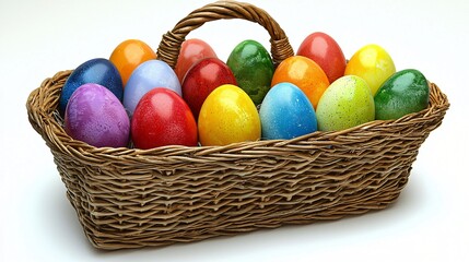 Naklejka premium Colorful Easter eggs in wicker basket, spring holiday, white background, celebration