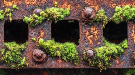 Rusty Metal Surface with Green Moss and Textured Details