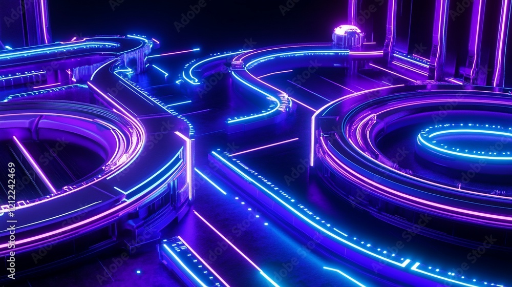 Poster abstract 3d neon purple and blue glowing lines forming futuristic circular patterns on dark backgrou