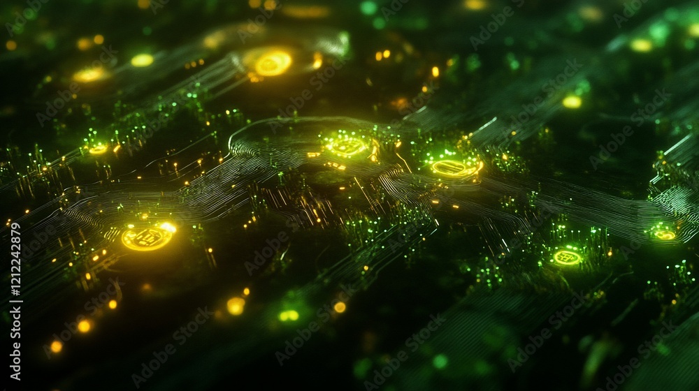 Poster abstract digital circuit board with glowing green and gold nodes.