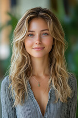 Obraz premium A blonde woman smiling in a casual striped shirt with a natural background of greenery