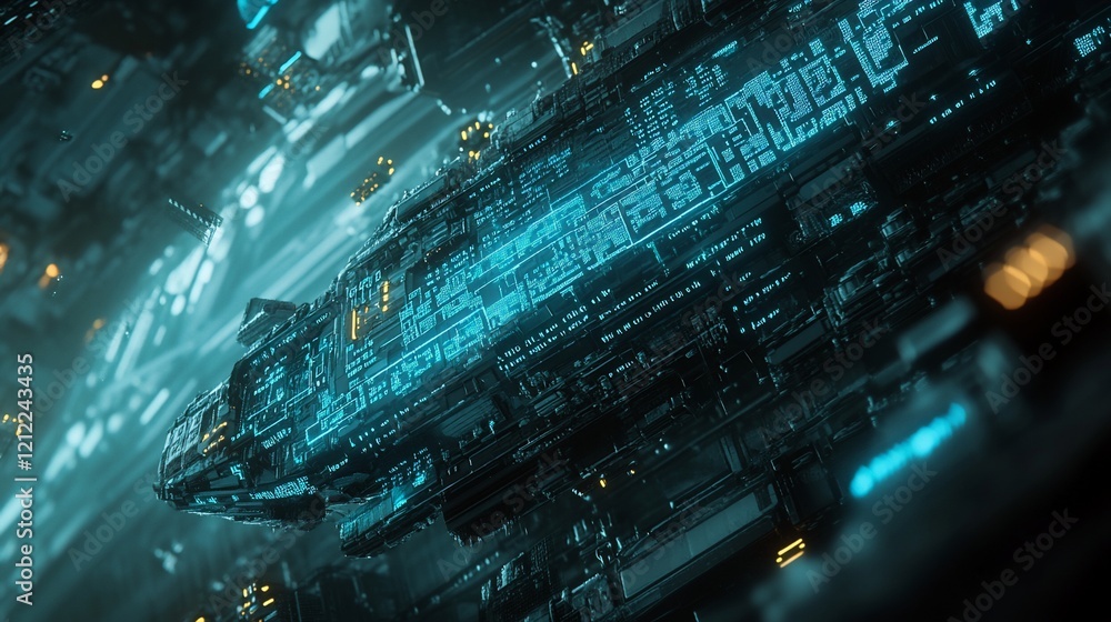 Aufkleber futuristic spaceship hovering over a cyberpunk city at night, detailed view of its intricate design 