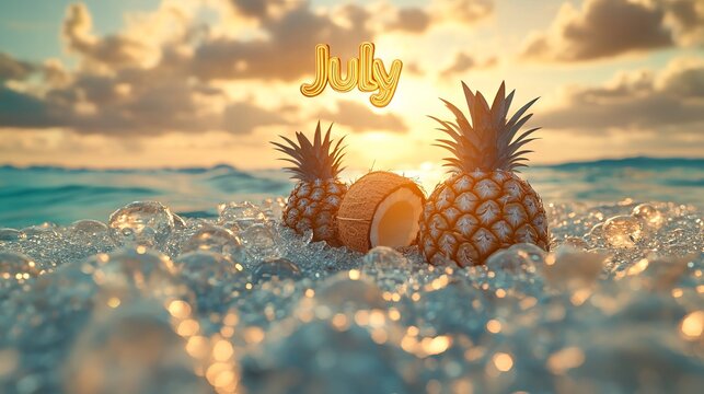 Two Juicy Pineapples Relaxing on Sandy Beach with Bright Sunlight Creating a Tropical Paradise Vibe