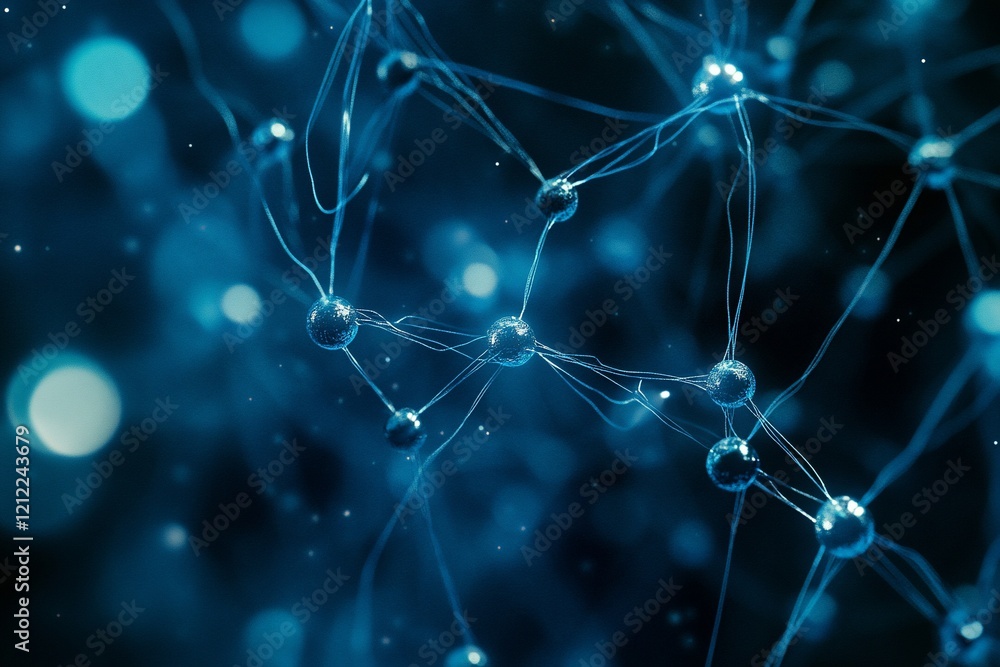 Poster Abstract neural network connection.  Glowing nodes and lines.  Dark blue background.