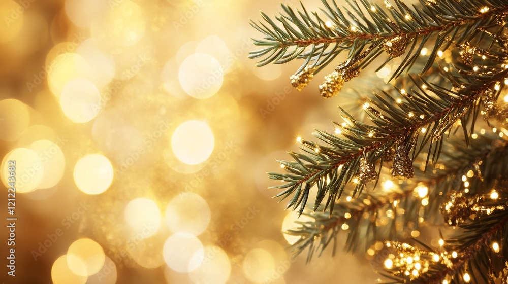 Poster close-up of a decorated christmas tree branch with golden lights and bokeh background.