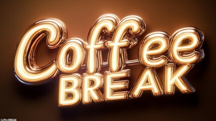 Shiny, puffy 'Coffee break' lettering in golden hues, accented by realistic coffee droplets