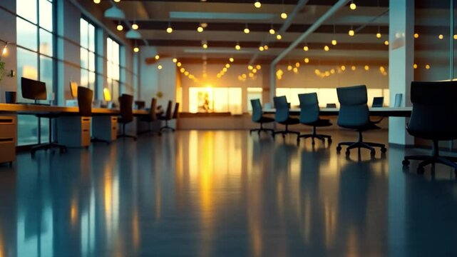 Modern Office Sunset Glow: Sun sets over a sleek, modern open-plan office space, casting a warm golden glow across polished floors and stylish workstations.