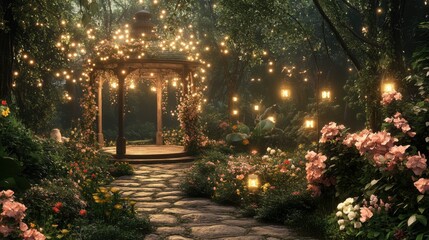 Fototapeta premium Enchanting Garden Pathway with Twinkling Lights, Serene Nature Setting, Digital Art, Magical Atmosphere, Dreamy Perspective
